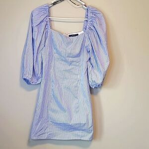 🌴BLUE AND WHITE PLAID WESTERN PUFF SHOULDER MINI DRESS 👗 Rodeo Princess  🤠👸